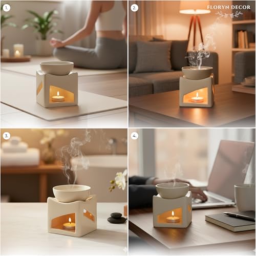 Image of Floryn Decor Ceramic Oil Burner Diffuser for Home & Office | Aroma Oil Burner with Tealight Candle | Ceramic Fragrance Diffuser for Aromatherapy, Relaxation & Home Decor (100ml) (Cream)