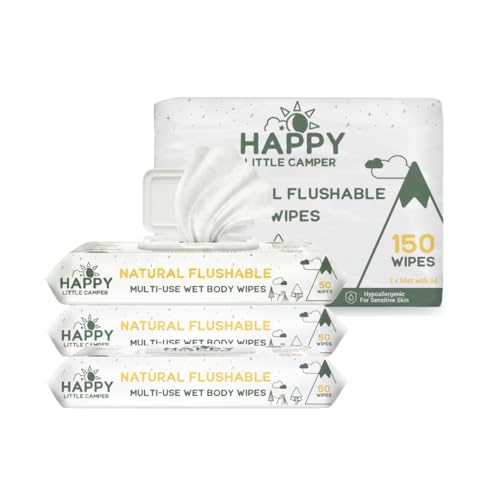 Happy Little Camper Flushable Multi-Use Wipes for Outdoors & Travel Septic & Sewer Safe Biodegradable Flushable Wet Wipes for Camping Hiking RV & Adventure - 3 x 50 Count Packs (150 Count Total)