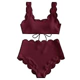 NMQLX Women's Scalloped Split Swimsuit Laces High Waist Bikini WineRed