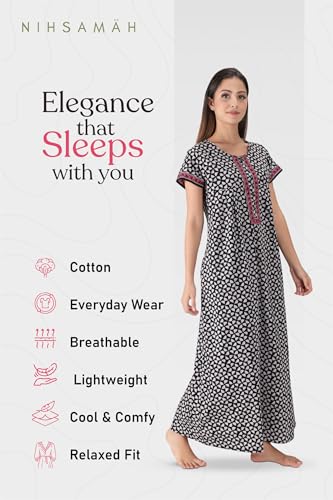 Image of NIHSAMAH Cotton Nighty for Women with Pocket, Premium Printed Long Nighty | Comfortable & Fancy Sleepwear /Nightwear
