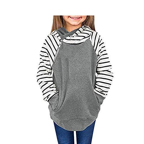 4-13T Girls Fall Winter Tops Splicing Striped Printed Zipper Hooded Sweater with Pocket
