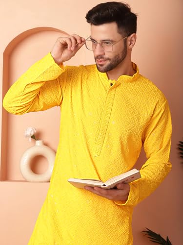 Image of Jompers Men's Yellow Embroidered and Sequence Kurta with Pyjama (Yellow, S)