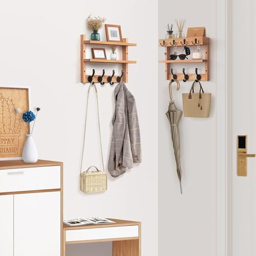 Image of 29 inch Coat Rack Wall Mount with Shelf, Pine Two-Tier Wall Shelf Mounted Coat and Key Hanger with 7 Heavy Duty Hooks 4 Key Hooks, Entryway Key Holder with Mail Holder for Bedroom,Living Room (Wood)