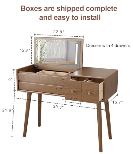 Image of KungFuWood Wood Vanity Desk with Mirror and Lights, Dressing Vanity Table Vanity Set 4 Drawers, 40 Inch Large Make Up Vanity Table Wooden with 3 Lighting Modes Log Color (with Adapter)
