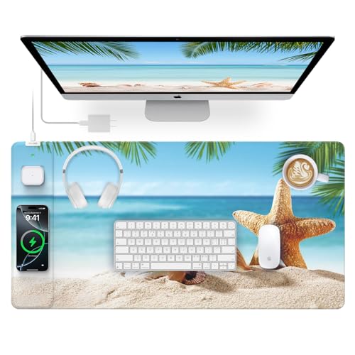 Image of Wireless Charging Mouse Pad, 31.5 inchx15.8 inch, with 20W PD Adapter, Summer Beach