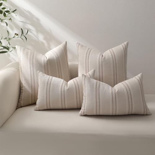Hckot Fall Throw Pillow Covers 18x18 Set of 2 Striped Pillow Covers Textured Linen Decorative Pillows Square Cushion Covers for Sofa Couch Bed Living Room Farmhouse Decor(Rust)