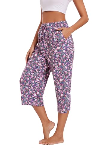 Image of Kabento 2 Pack Womens Pajama Pants Capri Sleep Lounge Pants Drawstring Pj Bottoms with Pockets