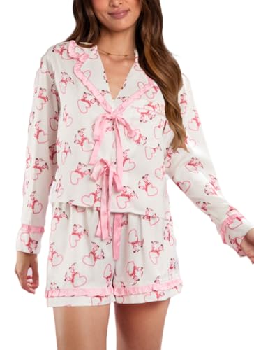 Image of Yiulangde Valentines Heart Bow Pajamas for Women Silk Satin Ruffle Shorts Pjs Tie Front Long Sleeve Shirts Pajamas with Bows