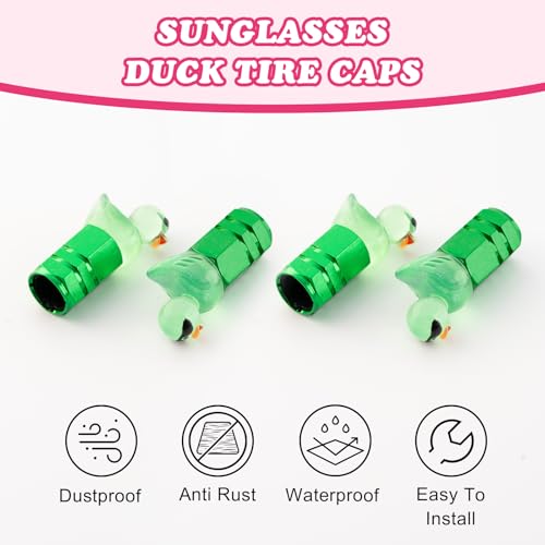 4Pcs Duck Tire Valve Caps, Funny Sunglasses Duck Valve Stem Caps Covers for Wheels, Decorative Cute Tire Valve Caps for Car Accessories (Hexagon Duck Green)