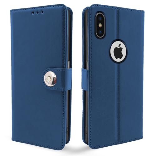 Image of Pikkme Flip Cover Leather Finish | Inside TPU with Card Pockets | Wallet Stand and Shock Proof | Complete Protection Button Flip Case iPhone X /Xs (Blue)