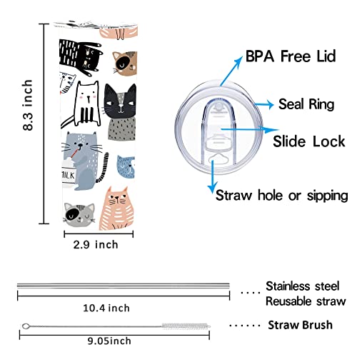 Rnfenqs Cute Cat Skinny Tumbler Cup With Straw Lid, 20 Oz Stainless Steel Insulated Vacuum Slim Travel Coffee Mug For Cat Lover Girls Women #TOP1