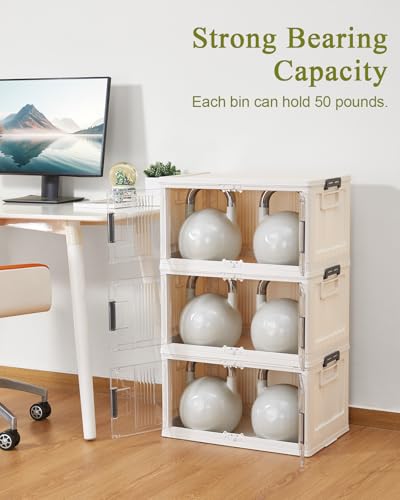Image of OlarHike 48QT Stackable Storage Bins with Lids - Folding Storage Box with Doors and Wheels, Collapsible Plastic Storage Bins for Closets, Home Organization, 3 Pack Cubes (Warm Gray)