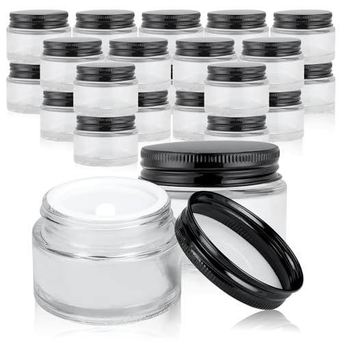 24 Pack 2oz Clear Glass Jars Small Glass Containers with Black Metal Lids Empty Cosmetic Jars with Inner Liners and Lids Clear Glass Lotion Jars with Labels for Traveling - Main Image