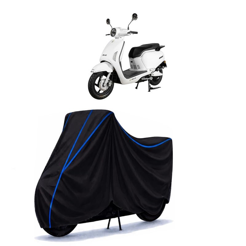 Image of Scooty Cover Water Resistant for Zelio Gracy Pro | Universal Scooter & Bike Cover | Heavy Duty UV Dust, Rain & Scratch Protection | Elastic Fit All Weather Indoor Outdoor | Black with Blue Piping