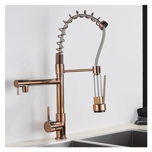 Mitigeur cuisine en laiton rose golden, robinet à ressort double bec de luxe
