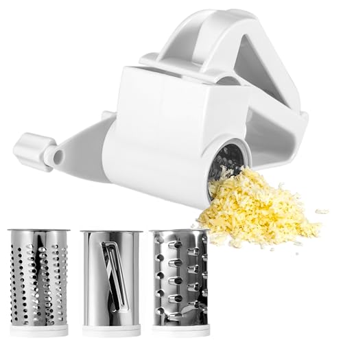 Nilioyul Râpe à fromage avec manivelle, coupe-fromage parmesan avec 3 tambours interchangeables en acier inoxydable, râpe à tambour manuelle, démontable,...