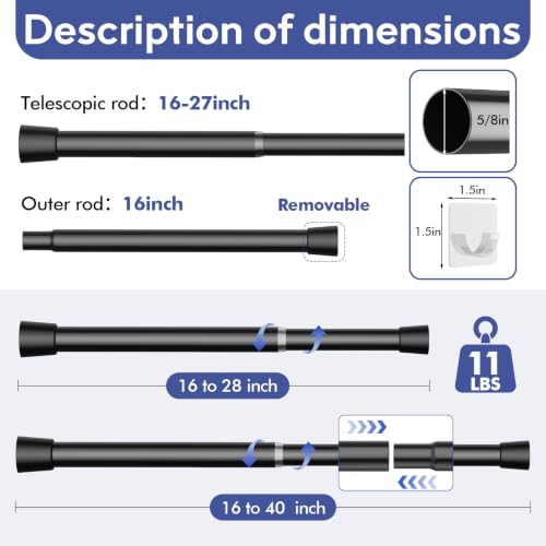Image of Corklatta 2 Pack Black Spring Tension Curtain Rods Adjustable 16 to 40 Inch, Small Tension Rod with 4 Holders,No Drill Curtain Rods for Window 24-36