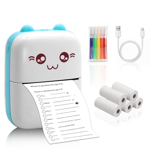 Wowfast Mini Portable Printer for iPhone Bluetooth Sticker Printer with 5 White Rolls and 5 Colored Pens for DIY Creation Study Notes Pictures Receipts Lists (Blue)