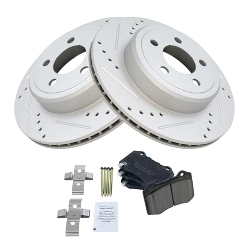 Image of TRQ Performance Rear Brake Pad and Rotor Set Ceramic Coated Drilled Slotted Vented Rotors Compatible with 2011-2018 Dodge Challenger 2017-2018 Charger