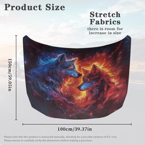 Image of Wolf and Flame Car Hood Cover Polyester Elastic Fabrics Can be Washed Suitable for Auto Car Truck, Van, SUV, Pickup,Car Accessories