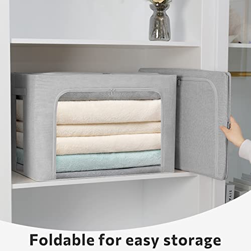 Image of FHSQX 2 Pack Clothes Storage Bins Stackable Metal Frame Storage Box Foldable Linen Fabric Organizer with Carrying Handles and Clear Window (Light Gray, 15.7x 11.8x 7.8Inch)