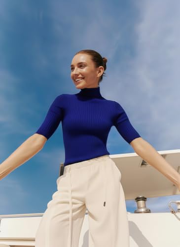 Image of v28 Women Turtleneck 1 /2 Half Sleeve Highly Stretchy Ribbed Knit Fitted Sweater