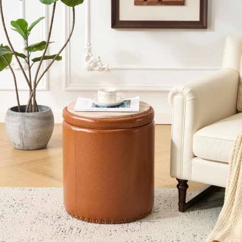 Royal Windsor Round Ottoman with Storage Set of 2, Faux Leather Button Tufted Vanity Stool, Storage Ottoman Coffee Table, Small Leather Foot Rest Stool for Living Room, Bedroom, Brown by Royal Windsor - Used condition - Image 9
