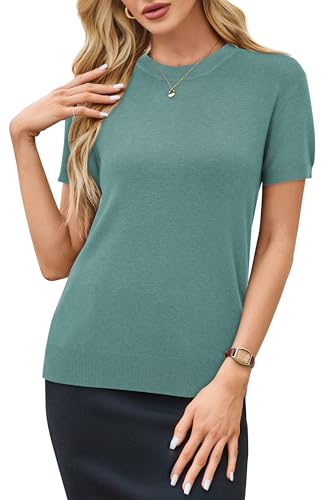Image of Arach&Cloz Women's Lightweight Wool Blend Short Sleeve Sweater Top Business Casual