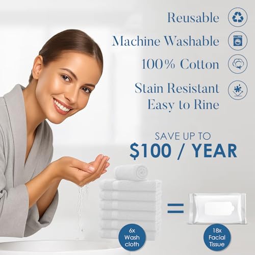 Image of DAN RIVER 12-Pack Premium 100% Cotton White Face Towels for Bathroom - Reusable Face Wash Cloths for Showering 12 X 12 Inches - 550 GSM Super Soft & Absorbent Luxury WashCloths for Body, Spa & Gym
