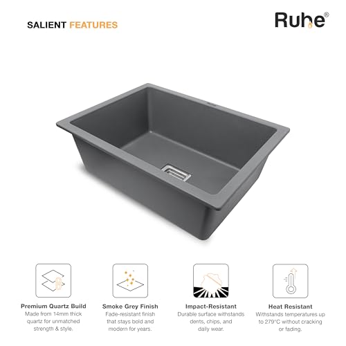 Image of Ruhe Smoke Grey Quartz Single Bowl Kitchen Sink - 24x18x9 inches | Noise-Reducing, Durable & Scratch-Resistant Kitchen Granite Sink | Sink Coupling, Waste Pipe & Vegetable Washing Basket
