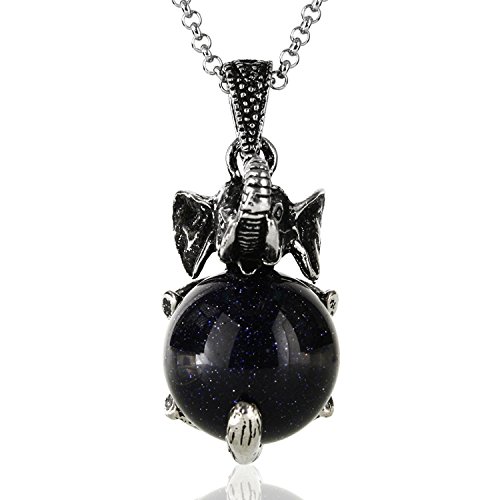 JEWELRIESHOP Healing Chakra Gemstone Crystal Retro Vintage Elephant Charm Pendant Necklace, Stainless Steel Chain