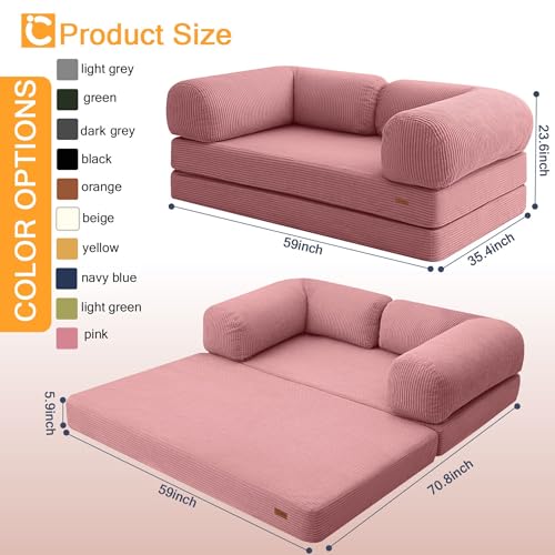 COMAX Folding Sofa Bed Queen, 4-in-1 Convertible Foldable Floor Couch Futon Sofa with Armrests, Sleeper Mattress Fold Out Chair Bed Comfy Portable Lounge Guest for Living Room Bedroom, Pink