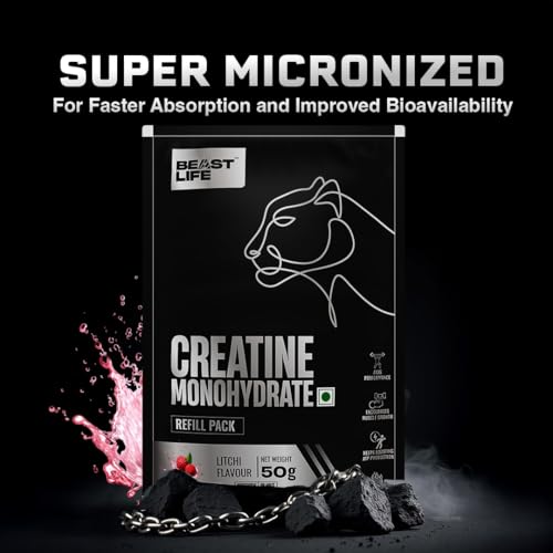 Image of BEASTLIFE Super Micronized Creatine Monohydrate Powder 50g Refill Pack | 13 Servings Litchi Flavor | NABL Lab Tested | Premium Sports Nutrition for Strength & Performance