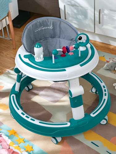 Little Flyer Juno Foldable Baby Waker for Kids with 3 Level Height Adjustment, Removable Musical Tray, Multifunction Anti- Rollover Activity Walker for 6-18 Months Babies (Green)
