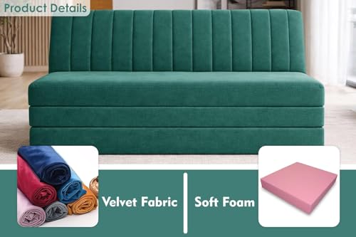 Image of Deco Studio 3-Seater Convertible Floor Sofa Bed Modern Velvet Fabric Folding Couch for Living Room, Guest Room & Small Spaces-Green
