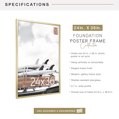 Image of MCS Foundation 24x36 Poster Frame Traditional Brass, Vertical & Horizontal Wall Hanging Large Picture Frame for Photos, Posters & Art Prints (1-Pack)