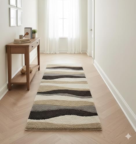 Image of Shaggy Floor Carpet for Living Room, Soft & Fluffy Bedside Runner Rug for Bedroom, Hall, Sofa Area, Elegant Modern Floor Carpet - 2x6 Feet 3D Beige Waves