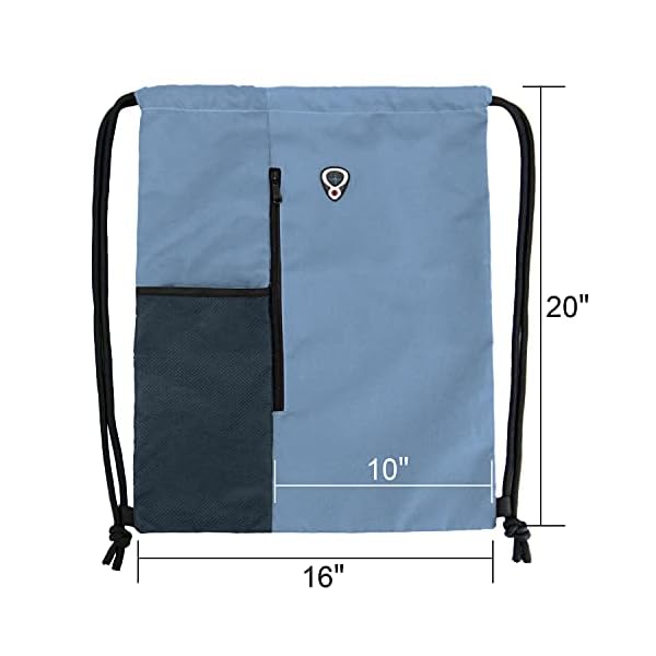 BeeGreen Blue Drawstrings Backpack Gym Sack For Men With Water Bottle Pocket &Front Zippered Pocket Large Sting Bags For WomenTraveling Yoga Beach Outdoor Gym