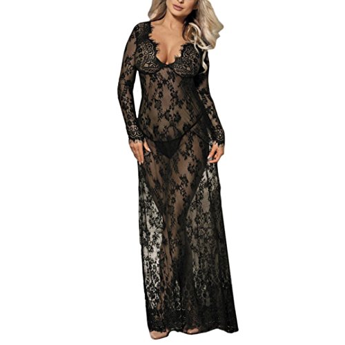 Cinnamou Lenceria Mujer Erotica, Ropa Interior de Vestido Manga Largo Mujer Sexy Transparente Encaje Flores Erotica Ligueros Conjuntos Tallas Grandes con Braga (Negro, L)