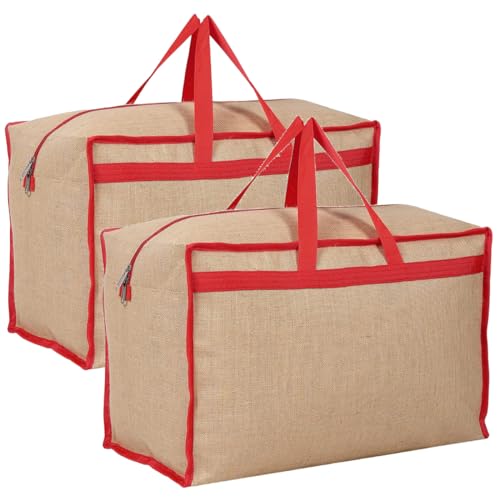 Image of Shibui Heavy Duty Extra Large Storage Bag, Moving Bag Tote, Blanket Clothes Organizer, Comforter, Bedroom closet, Room Essentials (Grey Canvas) (Pack of 2, Red)