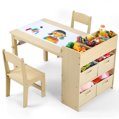 Scrivania Bambini Tavolo da Pittura, Tavolo Bambini con 2 Sedie con Rullo di Carta, Set di Sedie da Tavolino per Bambini...