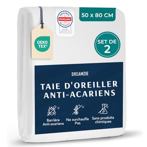 Dreamzie - Lot de 2 Taies Oreiller Anti Acarien 50x80 cm - Protege Oreiller 50x80 pour Personnes Allergiques - Housse Anti Acarien Lavable 95°C