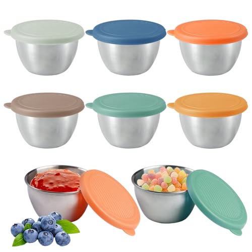 6 Piezas Recipientes para Salsas 80ml Herméticos Reutilizables y Lavavajillas Ligero Pequeñas Tarros de Acero Inoxidable con Tapas de Silicona Coloridas Ideales para Salsas, Dips y Condimentos