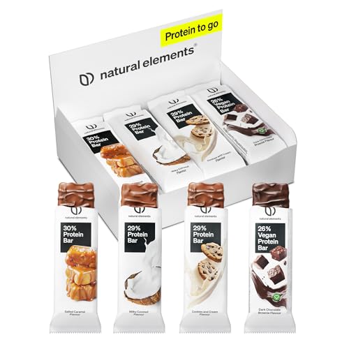 natural elements Proteinriegel Mixed Box – verschiedene Low Sugar Eiweißriegel – bis zu 13g Protein – vegetarisch, ohne Palmöl – in Deutschland laborgeprüft