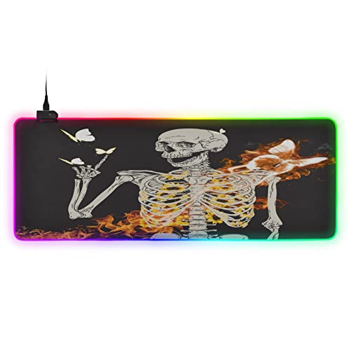 Desktop Mouse Pad RGB, Gaming Mouse Pad Skull Skeleton with Flame Butterfly Gaming Pad for Mouse and Keyboard Large LED Mouse Pad Gaming Light Up, 31.5