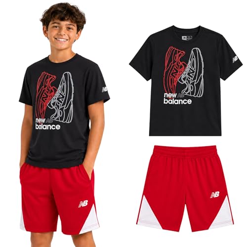 Image of New Balance Boys Athletic Shorts Set - 2 Piece Cotton Blend Jersey Shirt and Active Basketball Shorts for Boys