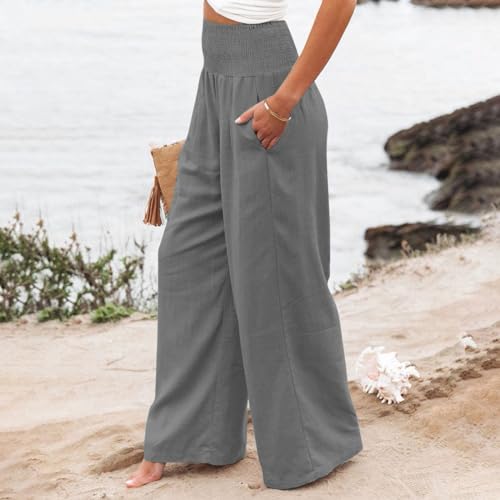 Basysin Linen Pants Women Solid High Waisted Pant Stretchy Wide Leg Pocket Palazzo Pants Casual Comfy Beach Pants Trousers4