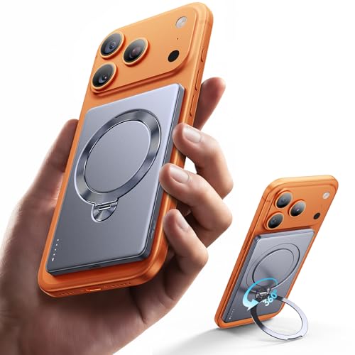 モバイルバッテリー MagSafe対応 超薄型 8mm 【360°回転スタンド】 軽量 小型 8000mAh まぐせーふモバイルバッテリー マグセーフ 軽量 小型 PD20W急速充電 3台同時充電 ワイヤレス充電器 マグネット式充電器 持ち運び C to Cケーブル付属 PSE認証済 LED表示 iPhone12-17/iPad/Android/多機種対応 旅行/出張/停電対策/緊急用必携の商品画像（Amazon）