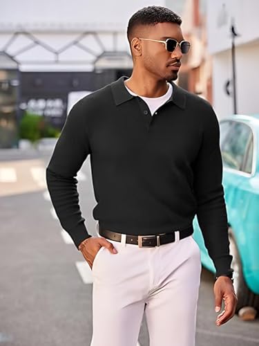 Image of TYSORT Men's Knitted Polo Sweater Casual Full Sleeve Pullover Sweater with Button Collar