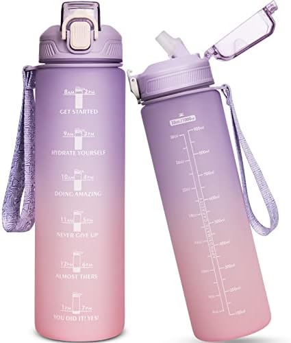 Seekua 32 oz Sports Water Bottle with Straw & Time Marker Large Reusable BPA-free Motivational Drinking Bottle for Infused Water, Fruit, Smoothie, Coffee Wide Mouth